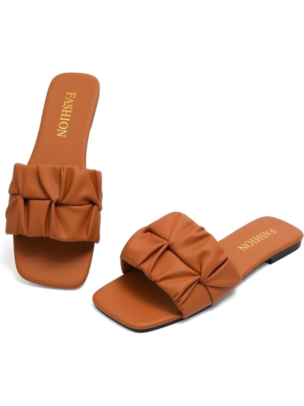 Women's Light Brown Pleated Square Toe Slide Sandals Summer Wedding Flats Shoes